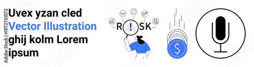 Risk assessment, financial planning, business analysis, communication amplification, economic monitoring, strategy development. Woman examining risk icons, falling coins and microphone symbol. Risk