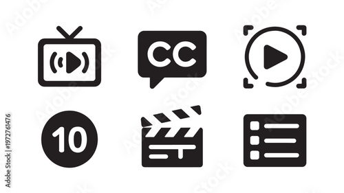 Video Production Icons Set Play Button Clapperboard TV CC Vector for Media Editing, Streaming and Broadcasting