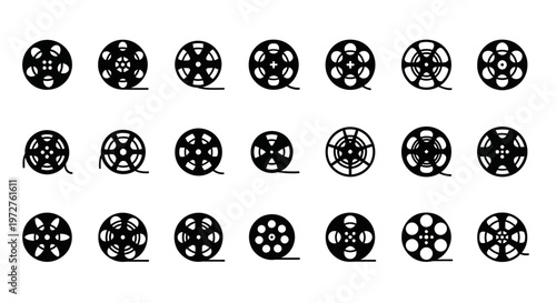 Film reel icons, movie camera symbols, black and white vector graphics, filmstrip illustrations, cinematic elements