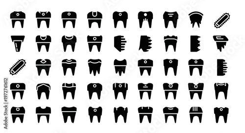 Dental icons, tooth symbols, black vector graphics, 40 teeth illustrations, dental care clip art