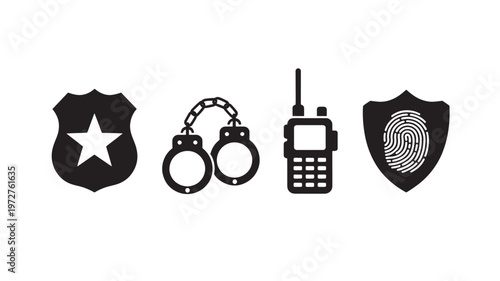 Law Enforcement Icons Set Police Badge Handcuffs Radio Fingerprint Security Justice Vector