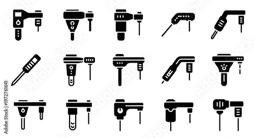 Drill icons, power tool set, 20 black vector graphics, drilling tools, construction equipment