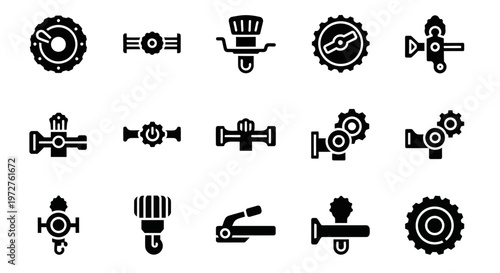 Industrial icons, gear and machinery symbols, black vector set, 16 mechanical elements