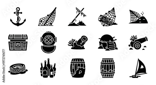 Nautical icons, black vector set, sailor symbols, maritime collection