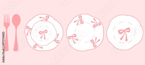 Pink plate and cutlery with ribbon bow elegant tableware minimal pastel design.