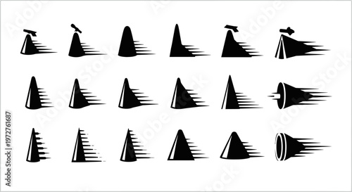 Black traffic cone icons, roadblock symbols, construction signs, warning markers
