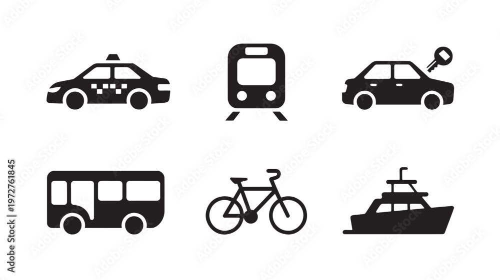 Fototapeta premium Transportation Icons Set Taxi Train Car Bus Bicycle Boat Minimal Travel Vehicle Vector Collection