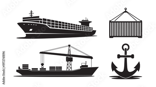 Cargo Ship and Container Icons – Maritime Logistics, Freight Transport, Crane and Anchor Vector Set