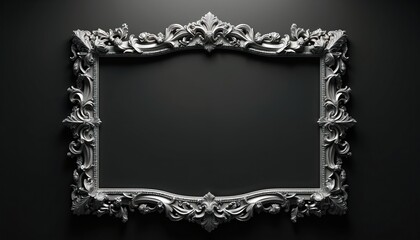 Ornate silver frame with intricate floral carvings on black background. Empty space for text or image. Elegant vintage border decoration. Luxurious antique design element.