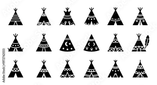 Native American Teepee Icons, Black and White Vector Symbols, Tribal Shelter Logos, 20 Teepee Graphics
