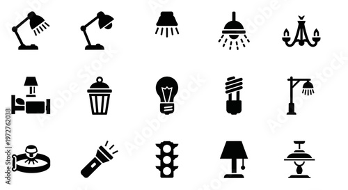 lamp, lighting, icons, vector, black, 15 elements, light bulb, electrical, symbol set