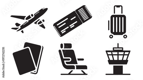 Travel Icons Set Airplane Ticket Luggage Passport Seat Shopping Basket Symbols for Tourism and Air Travel