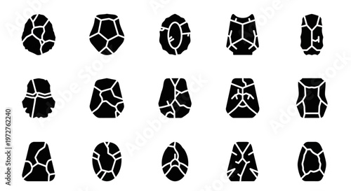 Cracked, broken, shattered black icons, 15 cracked shapes, vector graphics, white background, texture elements
