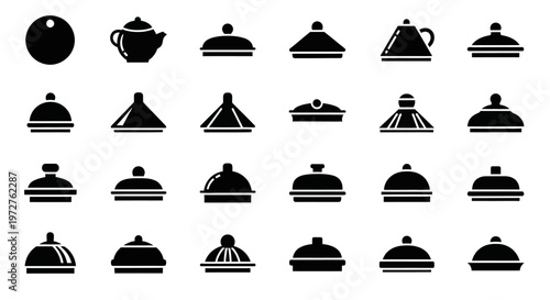 Black serving dish icons, food cover symbols, restaurant cloche set, 25 cloche illustrations