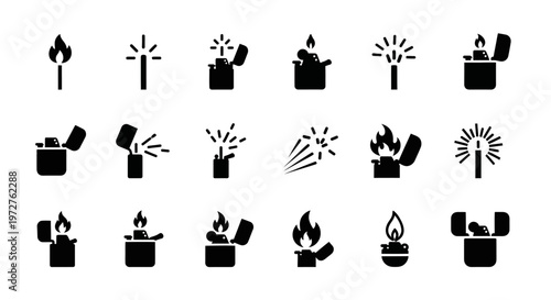 Black lighter icons, flame symbols, matchbox graphics, vector set