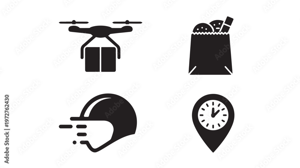 Fototapeta premium Food Delivery Drone Icons Fast Shipping Logistics Technology Vector Set