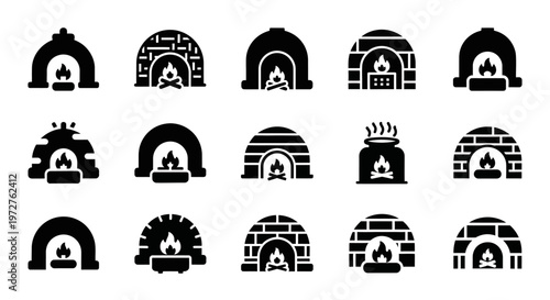 Black brick oven icons, pizza oven symbols, cooking fireplace logos, 15 brick stove graphics