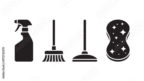 Cleaning Icons Set with Spray Bottle Broom Dustpan Soap for Household Hygiene and Janitorial Services