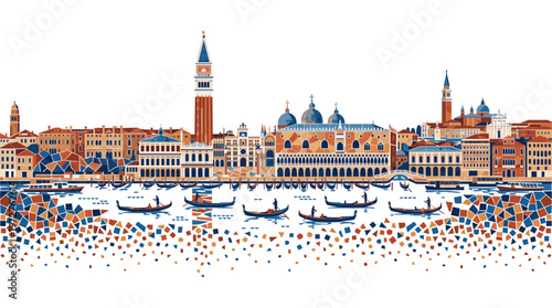 A vibrant, stylized illustration of the Venice skyline featuring iconic architecture and gondolas on the water.