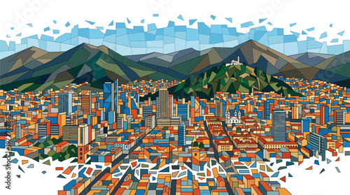 A vibrant, geometric cityscape unfolds with colorful buildings, towering skyscrapers, and majestic mountains under a fragmented sky.