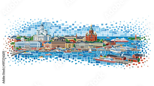 Vibrant illustration of Helsinki's harbor with iconic buildings, ferries, and a Ferris wheel, rendered in a pixelated mosaic style.