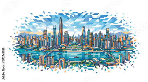 Vibrant geometric cityscape illustration of a modern metropolis with skyscrapers, bridges, and a river, rendered in a colorful, fragmented style.
