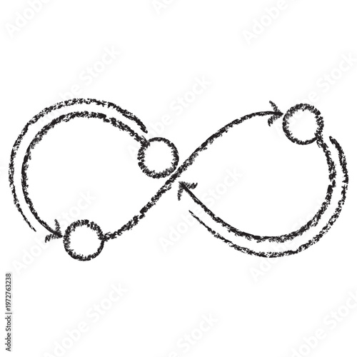 Vector icon of an infinity symbol made of arrows and nodes. Dark brown charcoal sketch on transparent background. It represents continuous processing and iterative development cycles