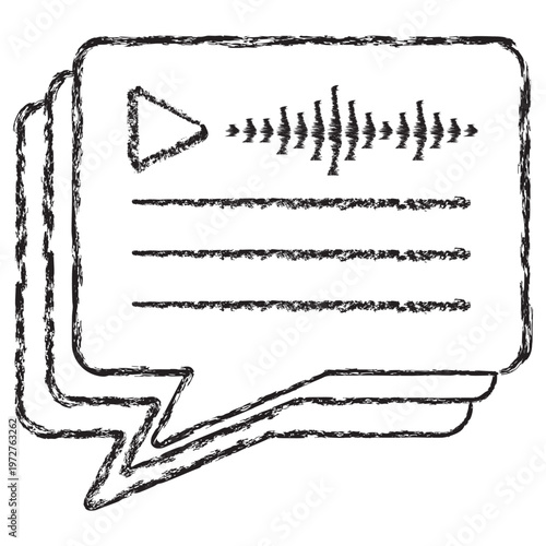 Vector icon of a speech bubble with an audio waveform and play button. Dark brown charcoal sketch on transparent background. This symbol shows voice recognition and sound processing