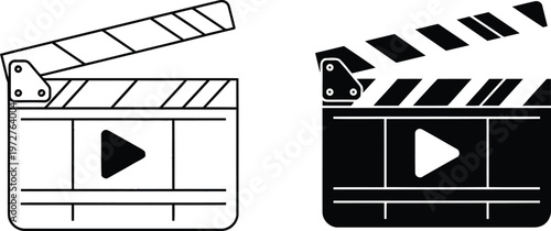 Two movie clapperboard icons with play symbols in outline and solid styles on a white background. Vector