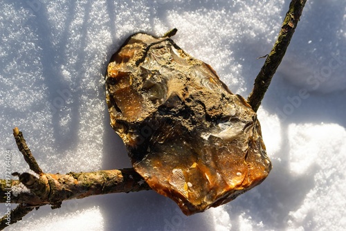 Foto Roughly knapped prehistoric flint hand axe reconstruction resting on sparkling snow under bright winter sun