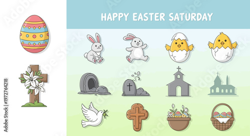 Happy Easter Saturday collection of religious and festive icons, including a cross, Easter egg, chicks, and bunnies