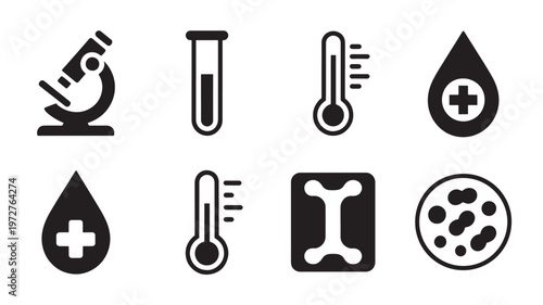 Medical Laboratory Icons Set Science and Healthcare Symbols Including Microscope Test Tube Thermometer and Blood Analysis