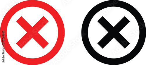 Red and black cross marks inside circular borders representing rejection or cancellation. Vector