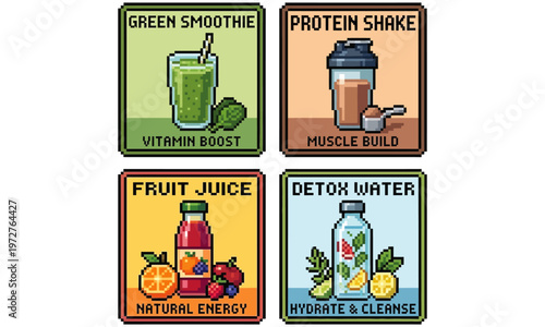 A vibrant illustration of four colorful beverage icons including green smoothie, protein shake, fruit juice, and detox water on a white background.