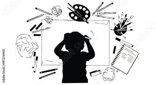 Black silhouette of a frustrated child at a desk with crumpled papers.