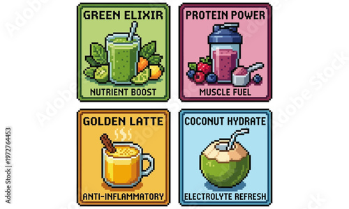 A vibrant illustration of four colorful drinks, including a green elixir, protein power smoothie, golden latte, and coconut water, surrounded by fruits and berries on a white background.