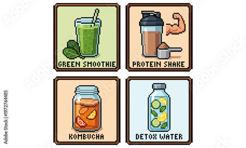 A vibrant illustration of four healthy drink options on a colorful background including green smoothie protein shake kombucha and detox water.