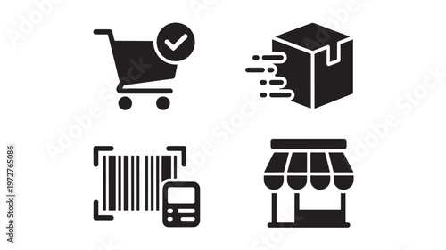 Ecommerce Icons Set Shopping Cart, Delivery Package, Barcode Scanner and Storefront Vector Collection