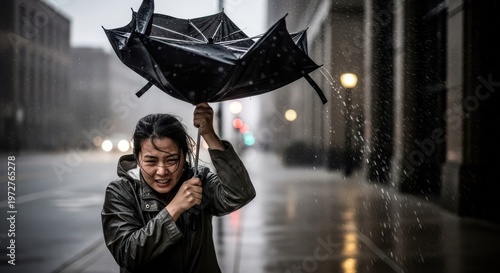 Hand holding broken umbrella turning inside out in strong wind and heavy rain on wet city street dramatic storm concept AI generated