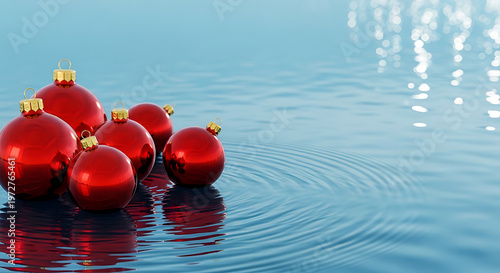 Red Christmas baubles floating on calm blue water with soft ripples. Minimalist holiday background and festive decor.