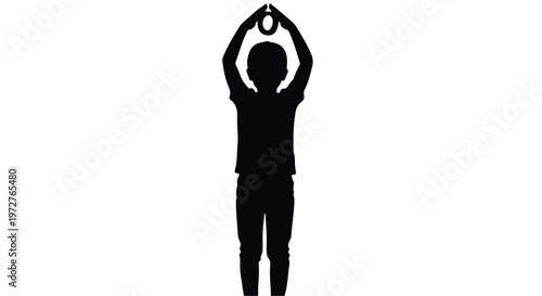 Silhouette of fit young adult person exercising with kettlebell weights in gym or home workout space with white background