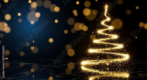 Golden sparkling spiral Christmas tree made of light particles on dark background. Elegant festive holiday wallpaper.