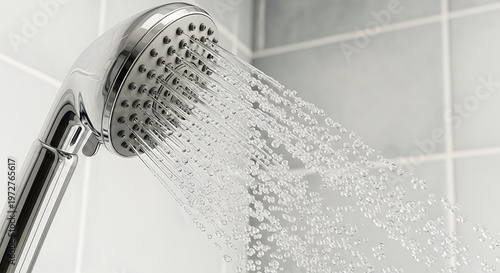 Modern chrome shower head spraying water droplets in bathroom. High pressure water stream from metallic plumbing kit.