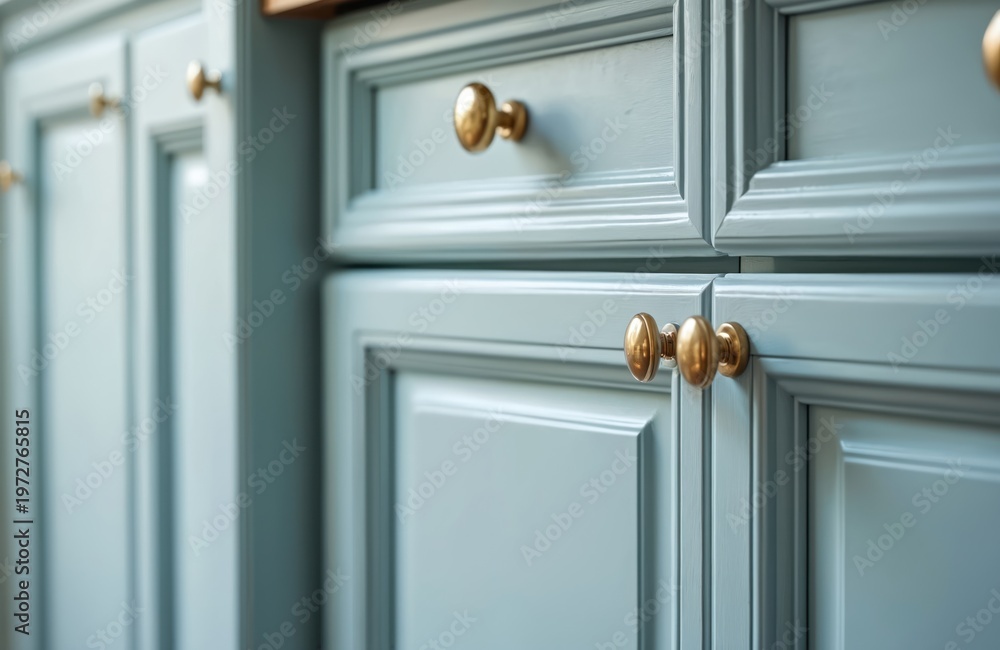 Fototapeta premium Light blue kitchen cabinets with detailed paneling and shiny gold knobs. This interior design element offers a classic yet modern aesthetic, perfect for home renovations or style guides.