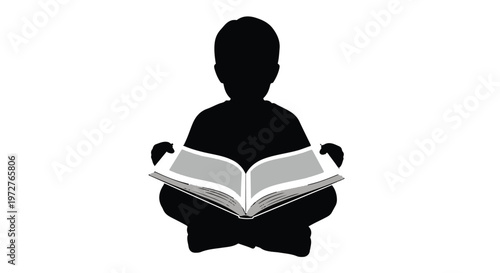 Black silhouette of a child sitting and reading a book isolated on white background.