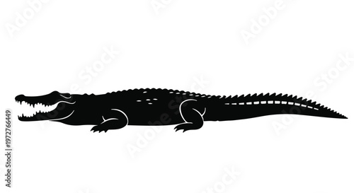 Black silhouette of a crocodile with open mouth on white background, side view, wildlife illustration