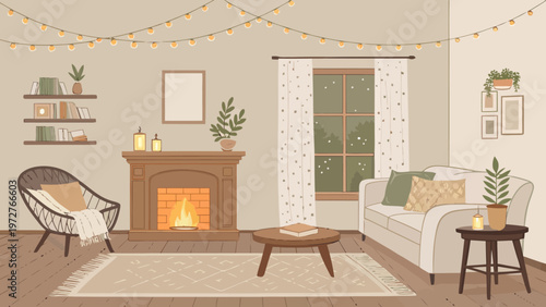 A cozy living room with a fireplace and a warm atmosphere