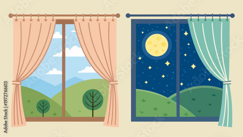 An illustration of two windows showing daytime and nighttime views with open curtains