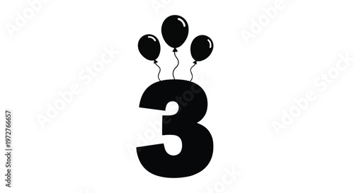 Black silhouette of number three with three balloons isolated on white background.