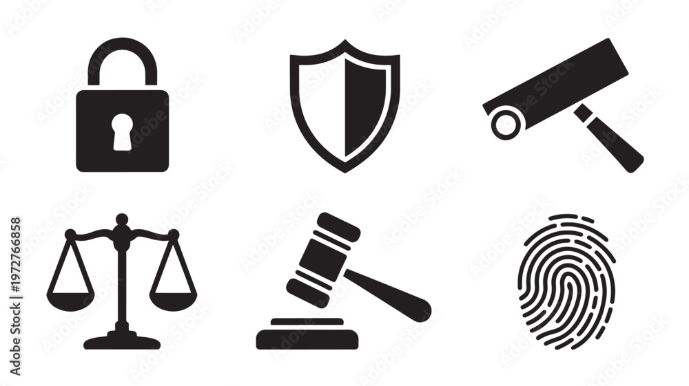 Fototapeta premium Law and Justice Icons Set Legal Security Shield Gavel Scales Fingerprint Camera Vector Black Isolated Transparent Background